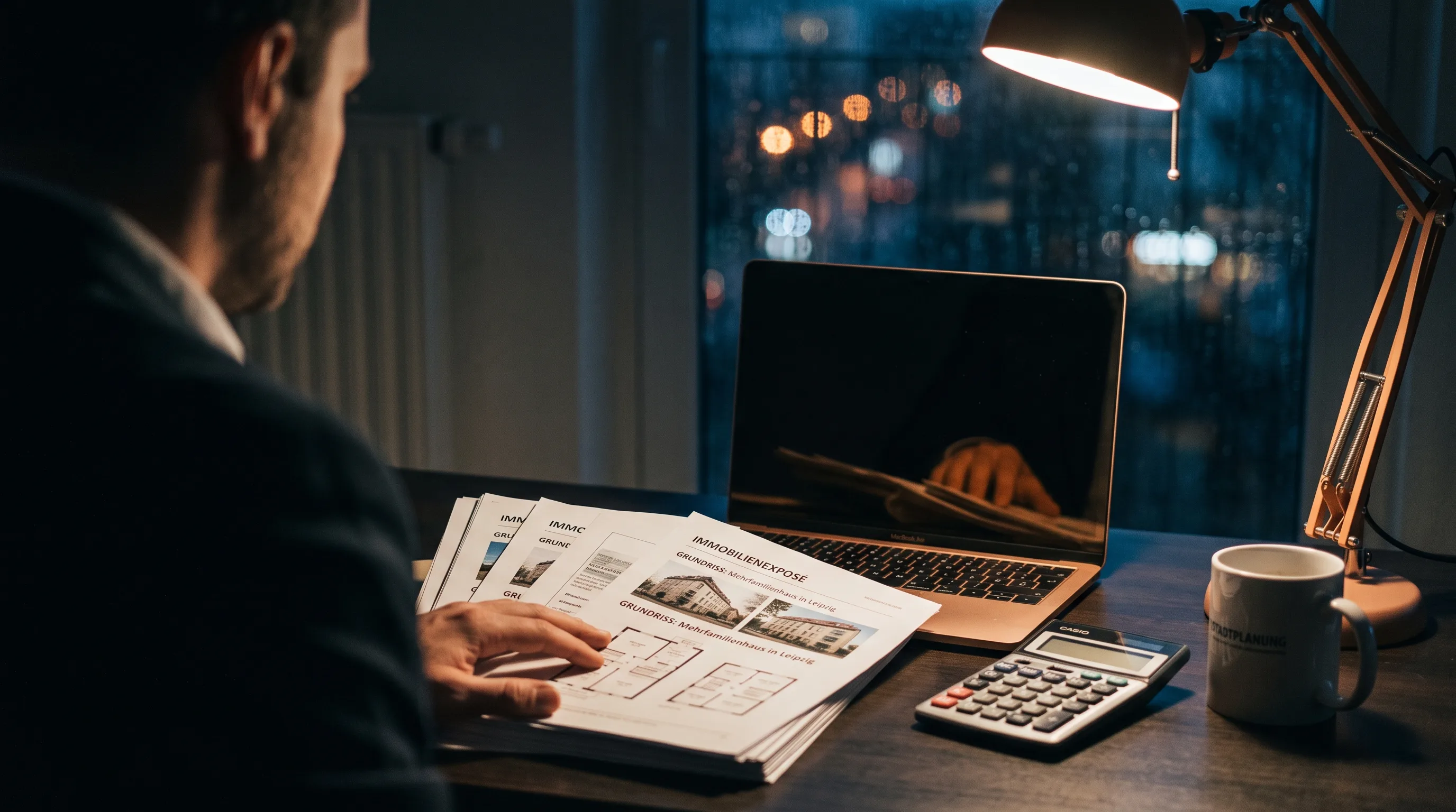 KI-generiert: Investor nachts am Schreibtisch über Immobilien-Exposés, Laptop noch dunkel